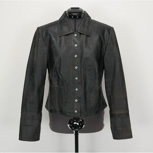 Double D Ranch Western Cropped Leather Jacket Sz. S /Turquois Snaps /Chic Cowboy